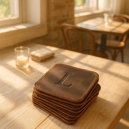 Hakiki Eskitme Deri 6'lı Kare Bardak Altlığı Seti - El Yapımı Lüks Masa Aksesuarı 10 x 10 cm Mat Siyah
