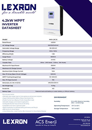 Lexron 24 V 4.2 KW Mppt 90-500V DC Input Yüksek Voltaj Tam Sinüs Akıllı İnverter
