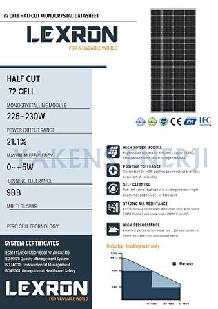 230 Watt Half Cut Monokristal Güneş Paneli Lexron