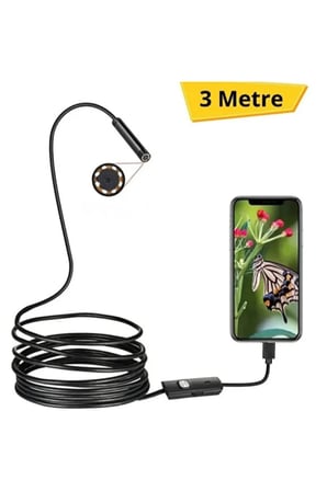 2 Adet Yılan Kamera Endoskop – Android Uyumlu Boroskop, 3 Metre Yarı Sert Kablo, 6 LED, IP67, Boru İnceleme Inspection Camera