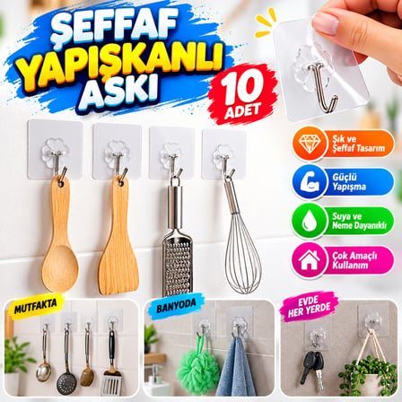 10 ADET Kendinden Yapışkanlı Şeffaf Askı