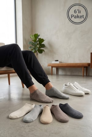 Erkek Görünmez Sneaker Çorap 6'lı Paket - Pamuklu Kaymaz Topuklu Çorap