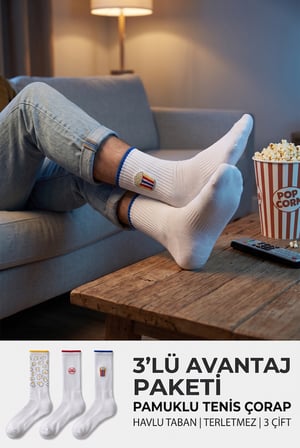 Erkek Beyaz Pamuklu Popcorn Desenli Tenis Çorap 3'lü Paket Havlu Taban