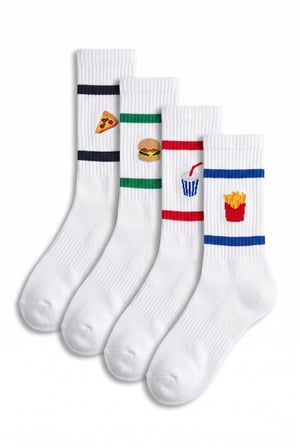 Erkek Beyaz Pamuklu Fast Food Desenli Tenis Çorap 4'lü Paket Havlu Taban