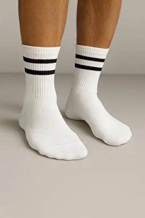 Erkek Beyaz Çift Çizgili Soket Çorap 5’li Paket