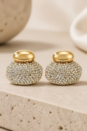 Gold Renk Zirkon Taşlı Bombeli Oval Küpe - Gösterişli Çivi Kadın Küpe