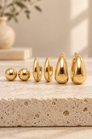 3'lü Kadın Gold Dolgun Küpe Seti - Top ve Damla Halka Model Çivi Küpe Seti