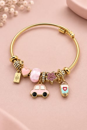 Kadın Gold Pembe Mineli Araba ve Kahve Charmlı Bileklik