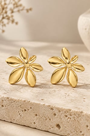 Kadın Gold Pürüzsüz Çiçek Model Statement Küpe - Heykelsi Vintage Çivi Küpe