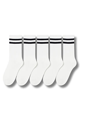 Kadın Beyaz Çift Çizgili Soket Çorap 5’li Paket