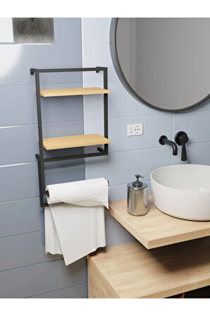 Linea Raflı Duvara Monte Havluluk Siyah Metal Meşe Raf
