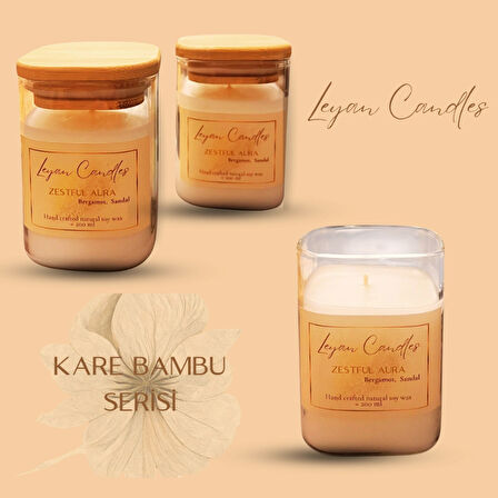 LEYAN CANDLES KARE BAMBU DOĞAL SOYA MUM ZESTFUL AURA -BERGAMOT SANDAL KOKULU 