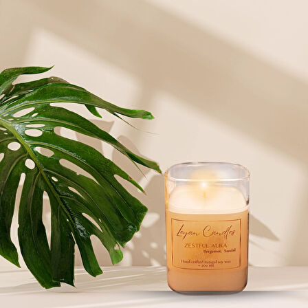 LEYAN CANDLES KARE BAMBU DOĞAL SOYA MUM ZESTFUL AURA -BERGAMOT SANDAL KOKULU 