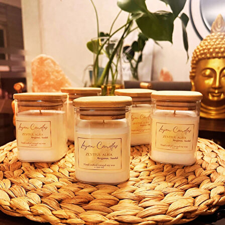 LEYAN CANDLES KARE BAMBU DOĞAL SOYA MUM ZESTFUL AURA -BERGAMOT SANDAL KOKULU 