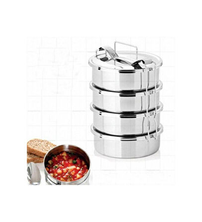 Paslanmaz Çelik 3-4 Kişilik 4 Kaplı Sefer Tası 4x500=2000ml 15x20cm Dörtlü Yemek Taşıma Kabı Isıtılan