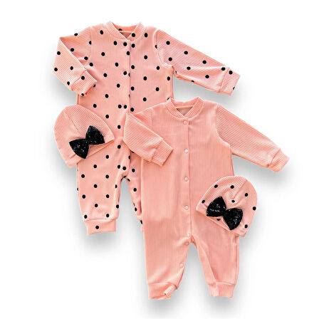 Lenaca 0-3 3-6 6-9 Ay Payetli Şapka Çıtçıt Kapamalı Puantiyeli Ve Düz 2 Li Kombin Kız Bebek Tulumları