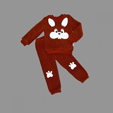 Lenaca 1-2-3 Yaş Kulaklı Tavşan Figürlü Kuzu Kumaş Sweat Pantolon Uzun Kollu Kız Erkek 2 Li Takımı