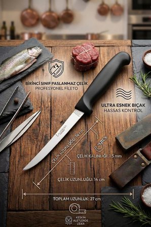 İncisive Serisi Mutfak Fileto Bıçağı Steak Bıçak Et Balık Tavuk Fileto Bıçağı 2 Li Set ( Mft-256 )