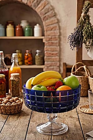 Dekorlu Lizbon Mavi Renkli Ayaklı Salata Kasesi - Dekoratif Cam Sunum ve Meyvelik