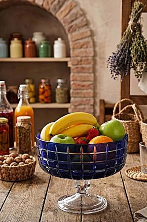 Dekorlu Lizbon Mavi Renkli Ayaklı Salata Kasesi - Dekoratif Cam Sunum ve Meyvelik