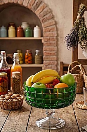 Dekorlu Lizbon Mavi Renkli Ayaklı Salata Kasesi - Dekoratif Cam Sunum ve Meyvelik