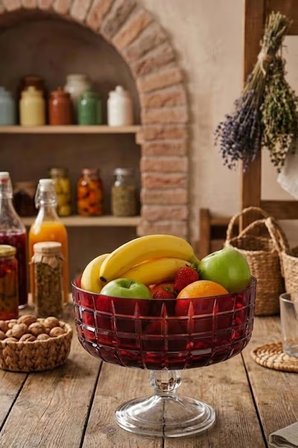 Dekorlu Lizbon Kırmızı Renkli Ayaklı Salata Kasesi - Dekoratif Cam Sunum ve Meyvelik