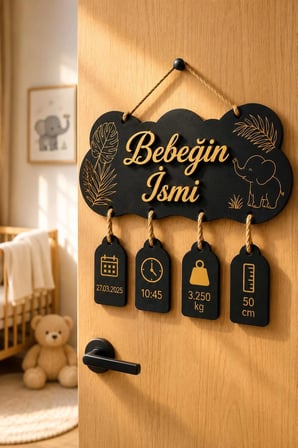 Kişiye Özel İsimli Bulut Ahşap Bebek Doğum Hediyesi - Balonlu Doğum Tarihi Saat Kilo Boy Etiketli Oda Kapı Önü Aksesuarı Süsü