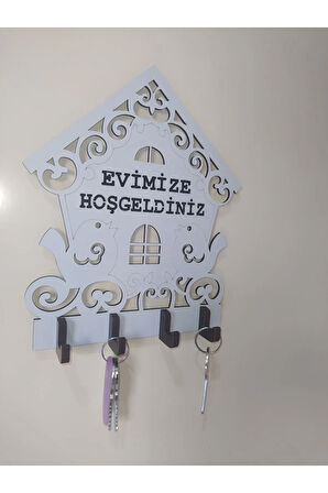 Evimize Hoşgeldiniz Kuş Ev Temalı Ahşap Anahtarlık Askısı 20 X 19 Cm