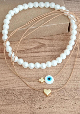 3 lu incili kalp yonca figürlü nazar boncuklu halhal