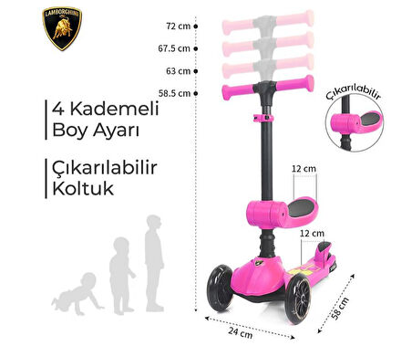 Lamborghini L5 2in1 Yeşil Katlanabilir 3 Tekerlekli Oturaklı Işıklı Çocuk Scooter