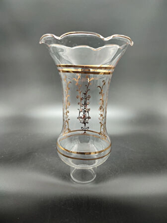 AVİZE LAMBA CAMI.ŞEFFAF,ALTIN YALDIZLI,MOTİFLİ.(E.14)(Alt yuva çapı:4.00cm-h:20,50cm)Mum ampule göre.