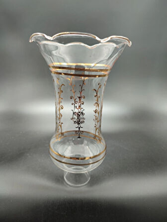 AVİZE LAMBA CAMI.ŞEFFAF,ALTIN YALDIZLI,MOTİFLİ.(E.14)(Alt yuva çapı:4.00cm-h:20,50cm)Mum ampule göre.