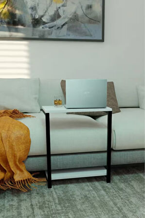 Çok Amaçlı Yan Sehpa – Metal Gövdeli Laptop Masası, Çalışma ve Servis Masası, Alt Raflı Düzenleyici 56x32x65 cm