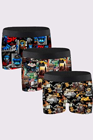 3'lü Erkek Desenli Boxer Paketleri %95 Pamuk Premium Collection - Çok Renkli