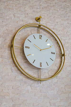 (XXL BÜYÜKBOY) 60*70 Cm (GOLD-BEYAZ) Laviento - Pilli Led - Metal (MOBİLYA) Duvar Saati