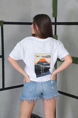 Livizmir Moda Unisex Bisiklet Yaka Baskılı Oversize T-Shirt- Beyaz