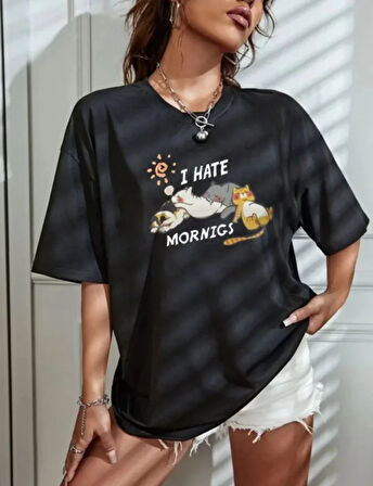 Livizmir Moda Bisiklet Yaka Baskılı Oversize T-Shirt - Siyah