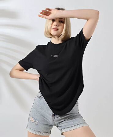 Livizmir Moda Unisex Bisiklet Yaka Baskılı Slim Fit T-Shirt - Siyah