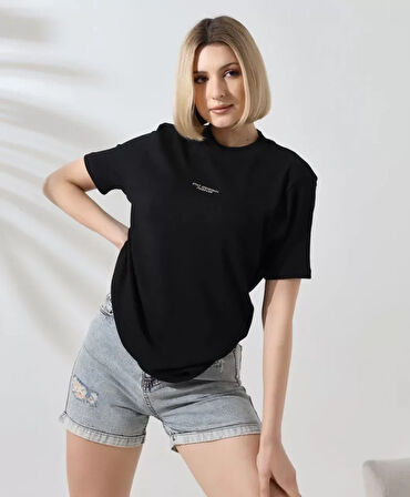 Livizmir Moda Unisex Bisiklet Yaka Baskılı Slim Fit T-Shirt - Siyah