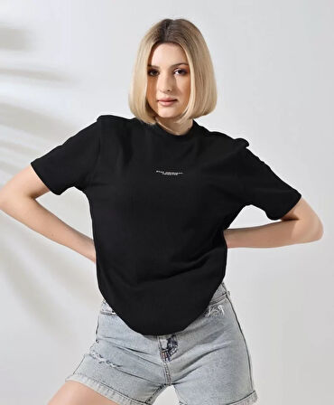 Livizmir Moda Unisex Bisiklet Yaka Baskılı Slim Fit T-Shirt - Siyah