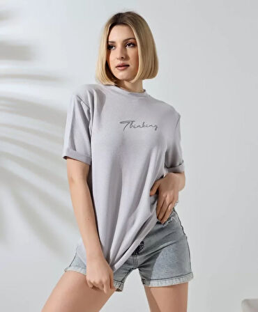 Livizmir Moda Unisex Bisiklet Yaka Baskılı Slim Fit T-Shirt - Boyalı Gri