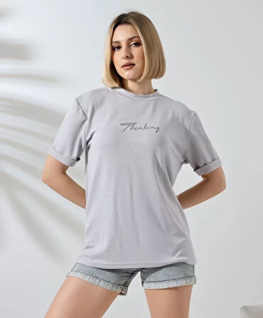 Livizmir Moda Unisex Bisiklet Yaka Baskılı Slim Fit T-Shirt - Boyalı Gri