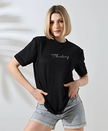 Livizmir Moda Unisex Bisiklet Yaka Baskılı Slim Fit T-Shirt - Siyah