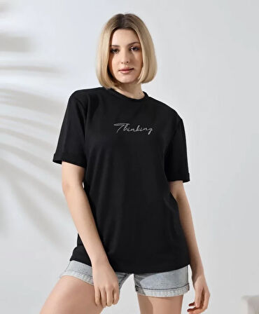 Livizmir Moda Unisex Bisiklet Yaka Baskılı Slim Fit T-Shirt - Siyah