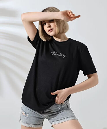 Livizmir Moda Unisex Bisiklet Yaka Baskılı Slim Fit T-Shirt - Siyah