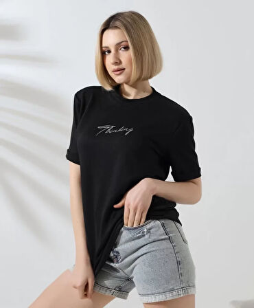 Livizmir Moda Unisex Bisiklet Yaka Baskılı Slim Fit T-Shirt - Siyah