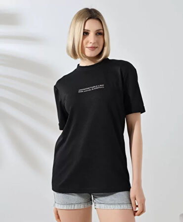 Livizmir Moda Unisex Bisiklet Yaka Baskılı Slim Fit T-Shirt - Siyah