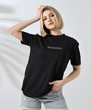 Livizmir Moda Unisex Bisiklet Yaka Baskılı Slim Fit T-Shirt - Siyah