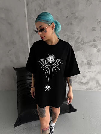 Livizmir Moda Unisex Bisiklet Yaka Baskılı Oversize T-Shirt - Siyah
