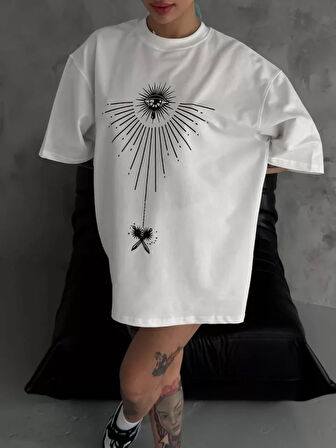 Livizmir Moda Unisex Bisiklet Yaka Baskılı Oversize T-Shirt - Beyaz